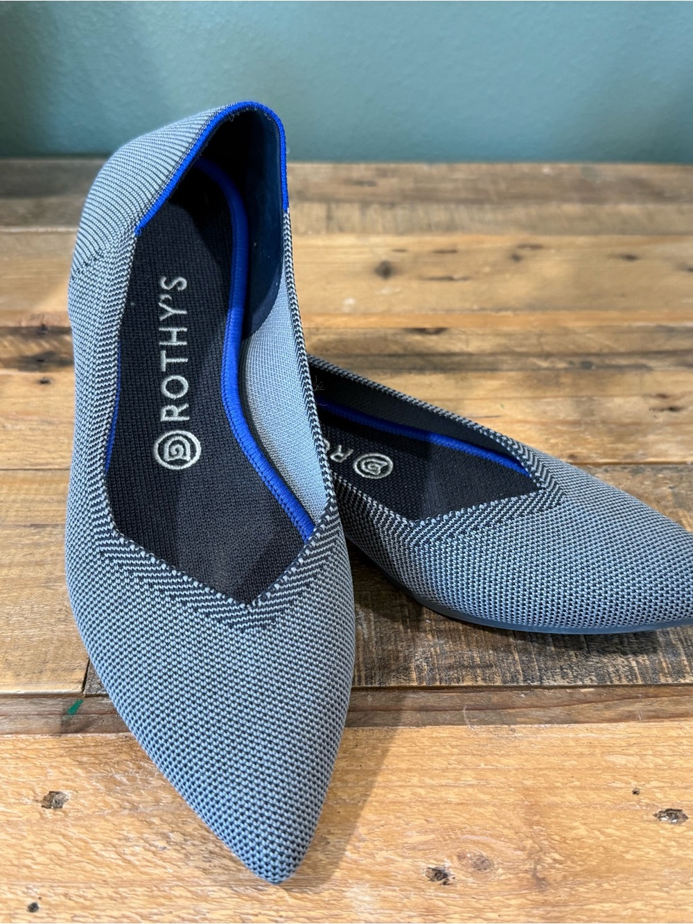 Rothy's Pointed Knit Flats in Gray with Blue Trim